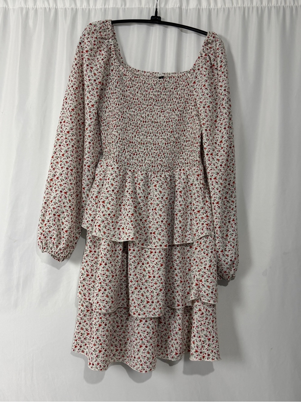 PrettyGarden White Floral Smocked Tiered Long-Sleeve Dress Sz S - Picture 1 of 9